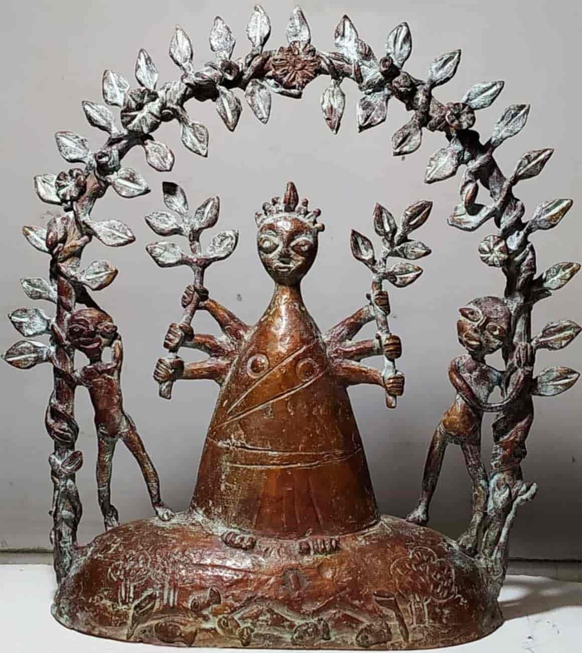 Subrata Biswas Figurative Sculpture - Think Green, Two Children, Green Patina Bronze Sculpture,  "In Stock"