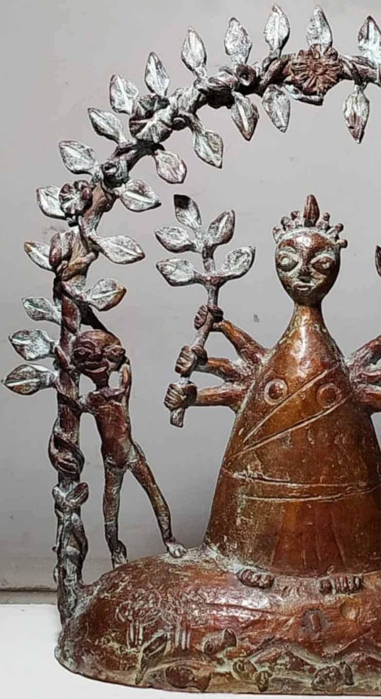 Woman-Mother Nature, Two Children, Green Patina Bronze Sculpture,  