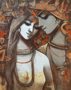 Couple, Acrylic on Canvas by Contemporary, Orange, Yellow, Brown "In Stock"