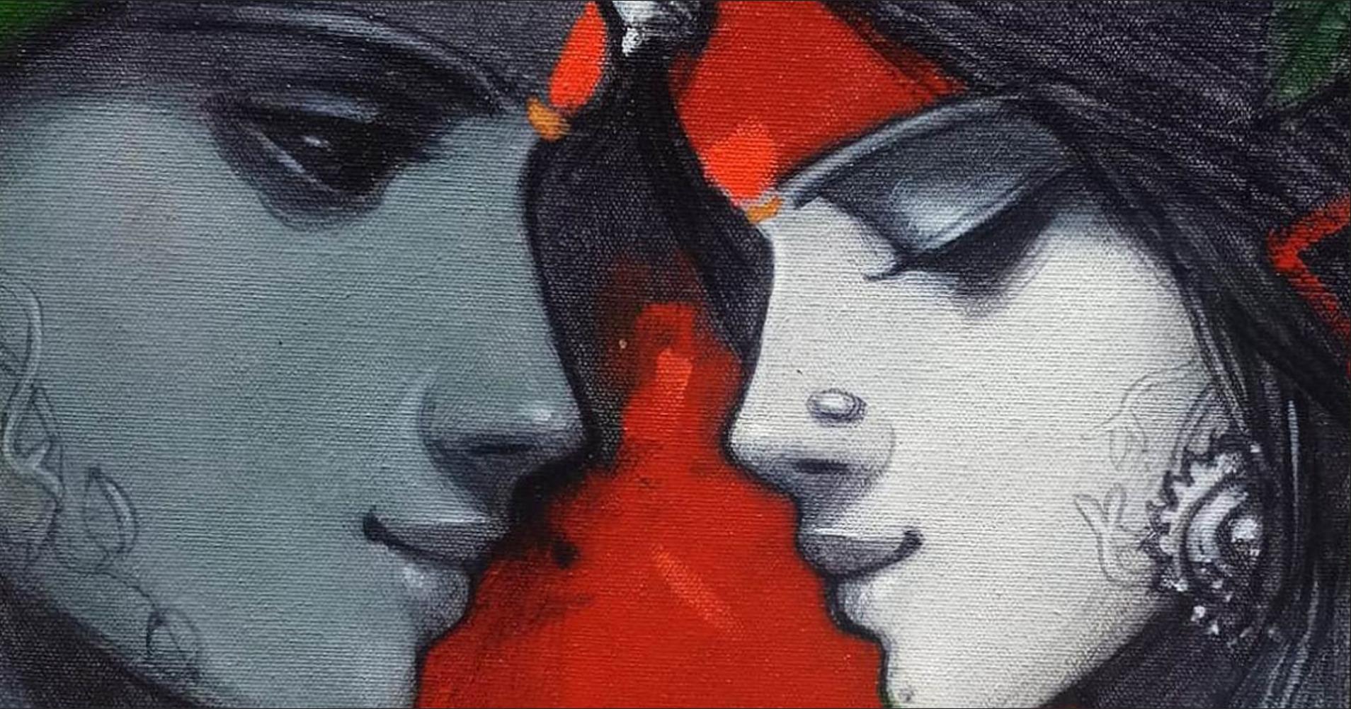 Couple, Spiritual, Acrylic on Canvas, Green, Red, Contemporary Artist 