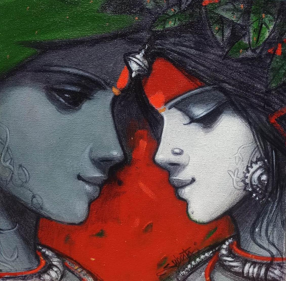 Figurative Painting de Subrata Das - Pareja, Espiritual, Acrílico sobre lienzo, Verde, Rojo, Artista contemporáneo "En Stock"