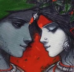 Couple, Spiritual, Acrylic on Canvas, Green, Red, Contemporary Artist "In Stock"