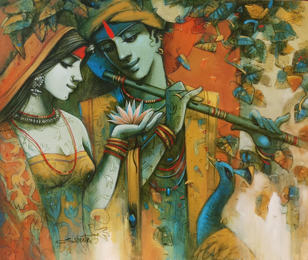 Figurative Painting di Subrata Das - Krishna & Radha , Figurativo, Acrilico su tela, Verde, Marrone, Giallo "In magazzino"