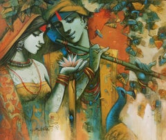 Krishna & Radha ,Figurative, Acrylic On Canvas, Green, Brown, Yellow "In Stock"
