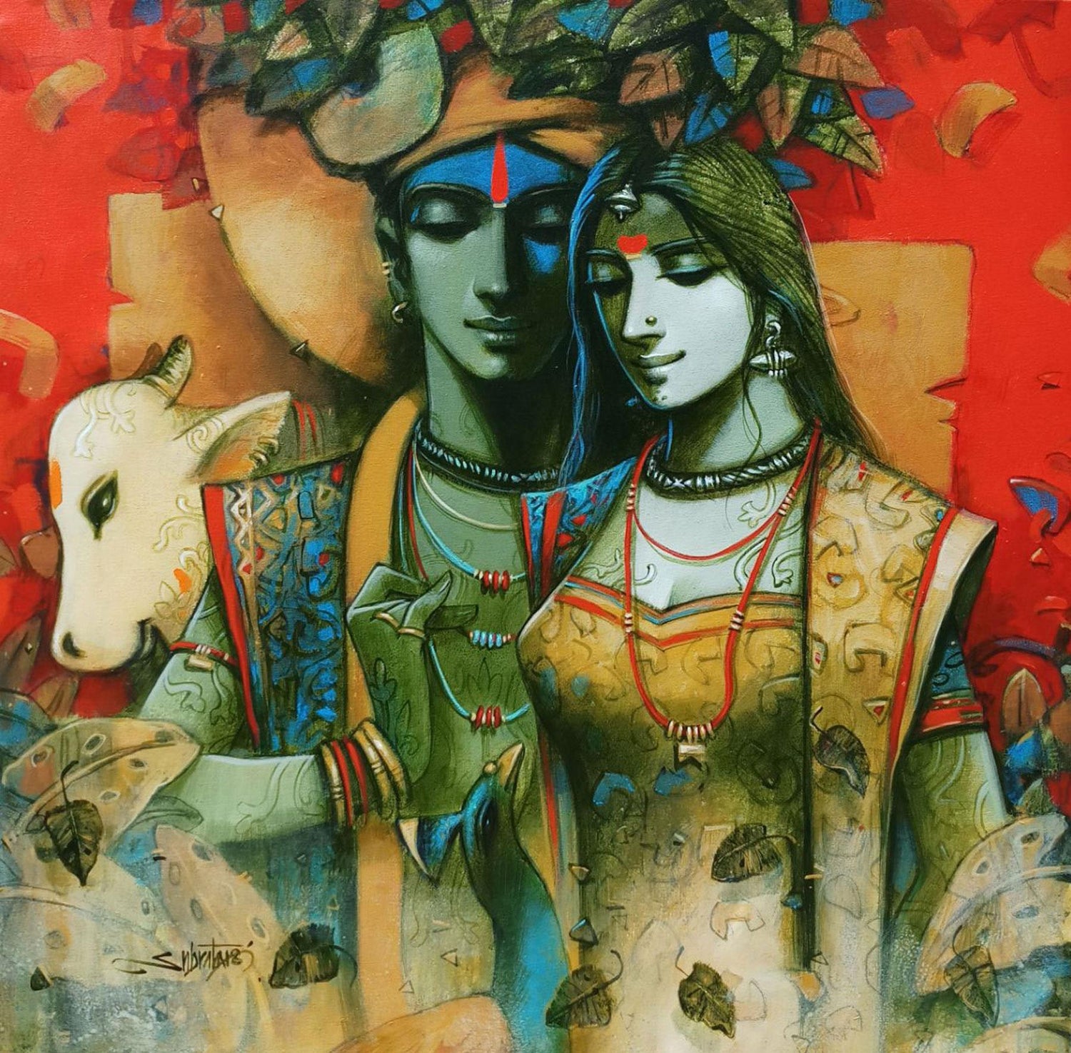 Subrata Das Krishna And Radha Rasalila Spiritual Acrylic Red