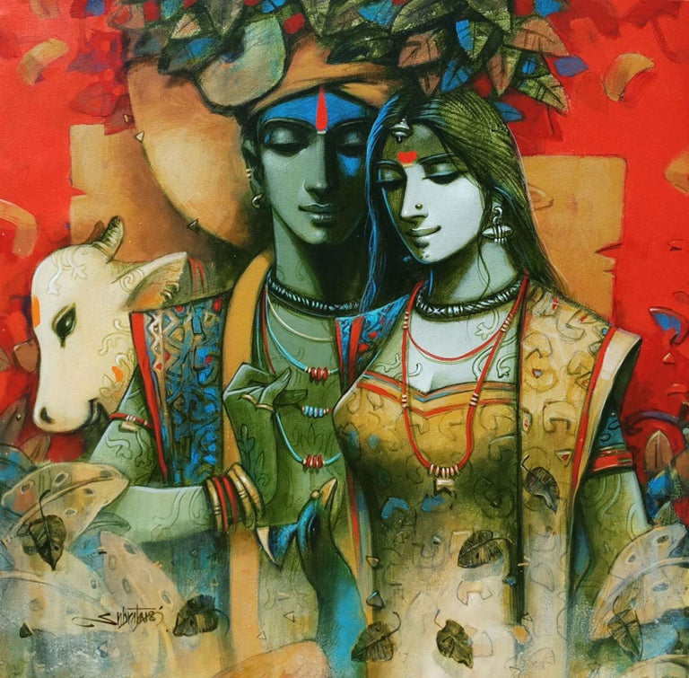 Subrata Das Krishna And Radha Rasalila Spiritual Acrylic Red
