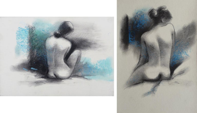 Subrata Das Nude Painting - Nude, Seated Woman, Charcoal & Pastel on Board, Green and black "In Stock"