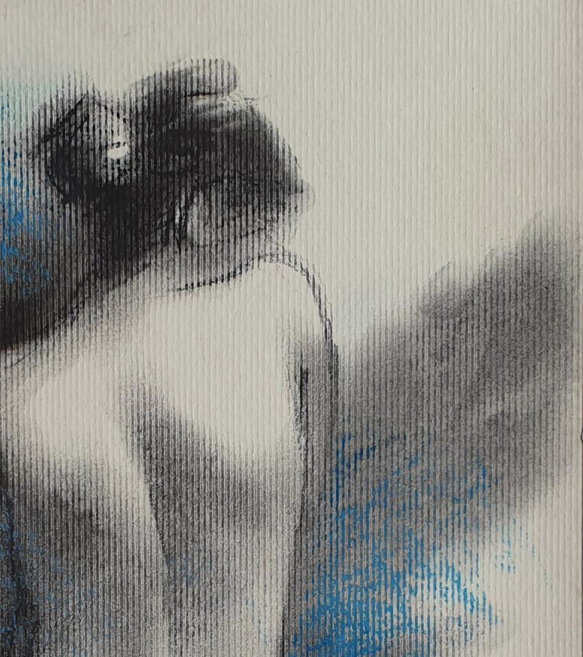 Nude, Seated Women, Charcoal & Pastel on Board, Blue, Black colors 
