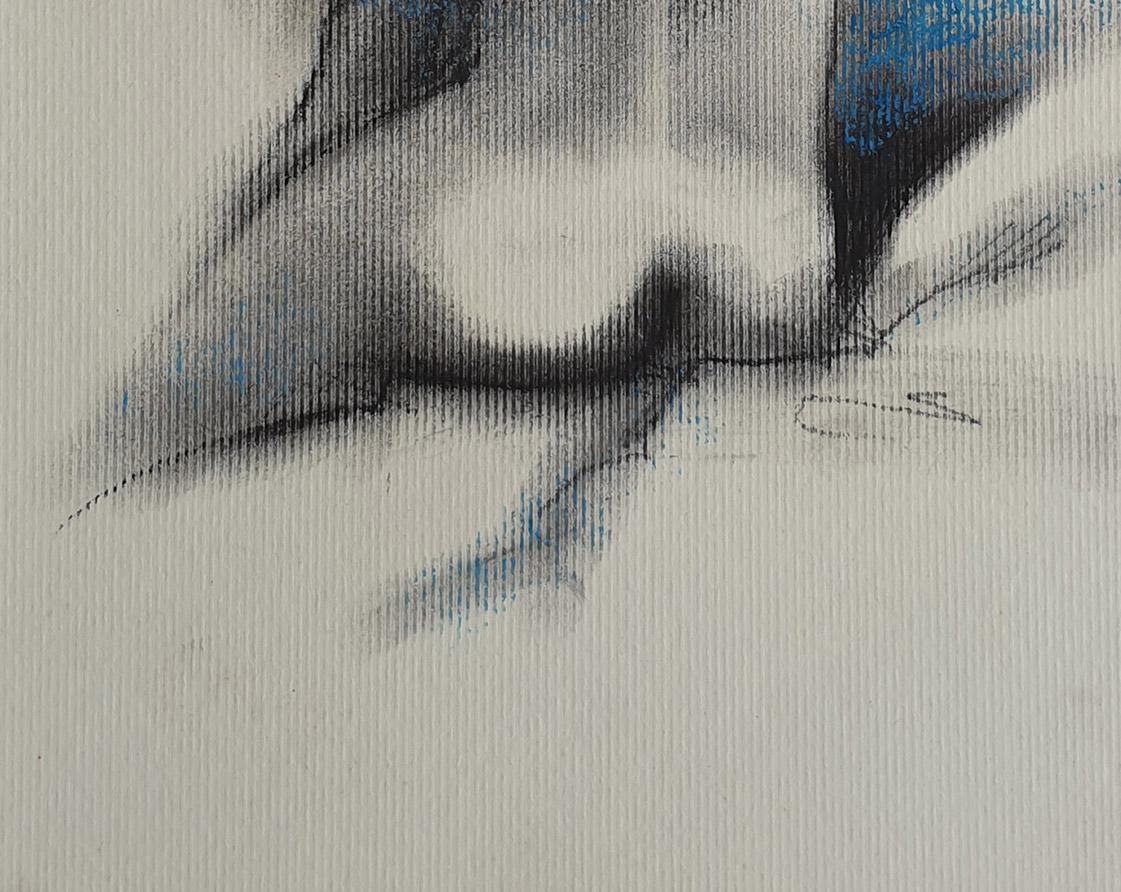 Nude, Seated Women, Charcoal & Pastel on Board, Blue, Black colors 