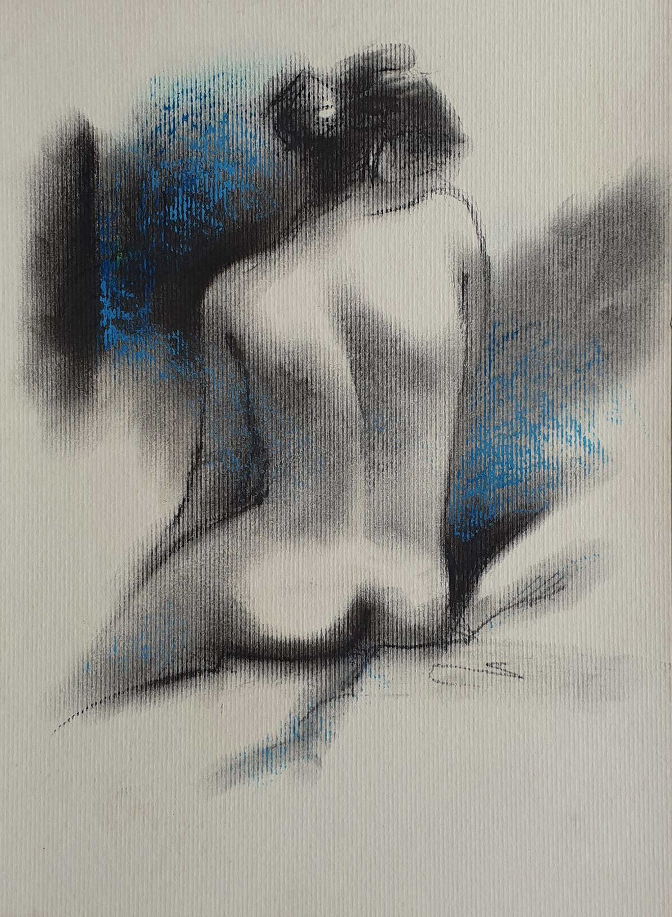 Nude, Seated Women, Charcoal & Pastel on Board, Blue, Black colors "In Stock" - Art by Subrata Das
