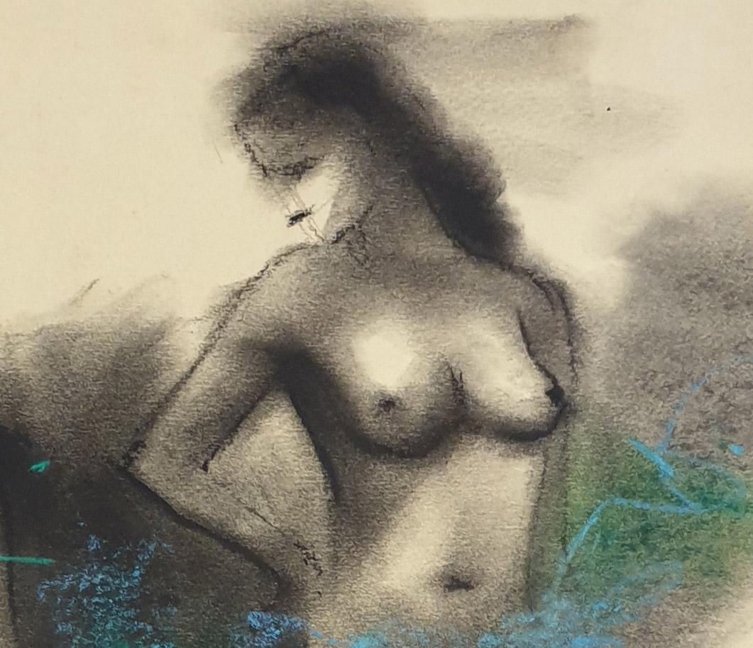 Donne nude, carboncino e pastello su tavola, colori blu e nero 