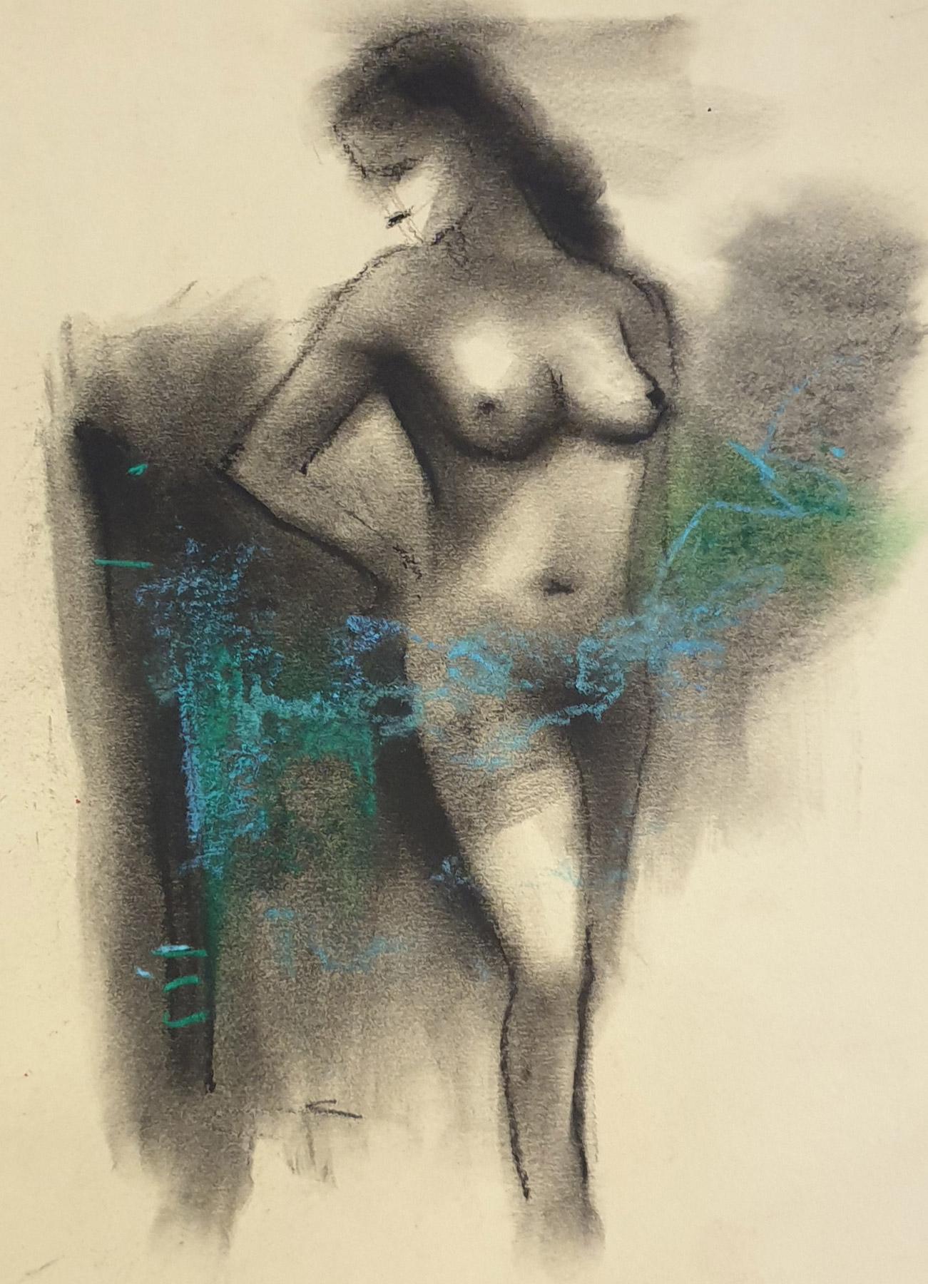 Subrata Das Nude Painting - Nude Women, Charcoal & Pastel on Board, Blue, Black colors "In Stock"