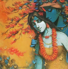Radha Krishna, Acrylic Canvas, Yellow, Orange, Blue, mythology Indian "In Stock"