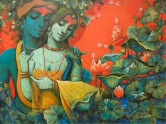 Radha Krishna, Acrylic on Canvas, Red, Blue, Green by Contemporary "In Stock"