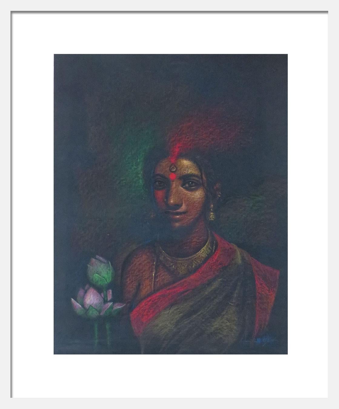 She-I, Bath, Pastel on paper, Red, Pink, Green by Indian Artist 