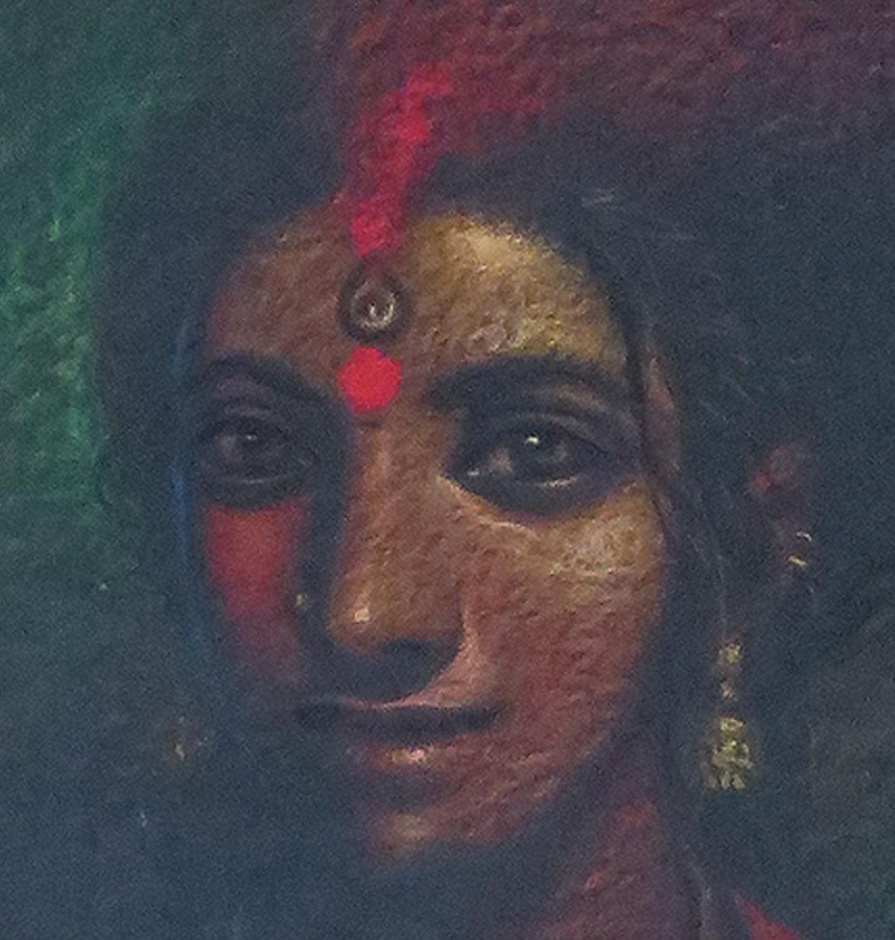 She-I, Bath, Pastel on paper, Red, Pink, Green by Indian Artist 