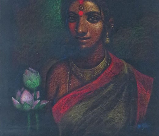 Subrata Das She I Bath Pastel On Paper Red Pink Green By