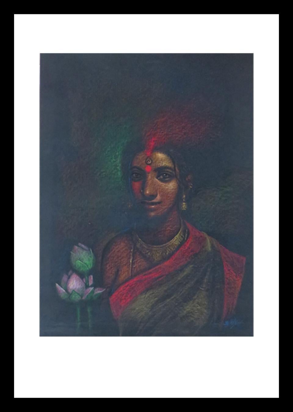 Subrata Das Figurative Painting - She-I, Bath, Pastel on paper, Red, Pink, Green by Indian Artist "In Stock"