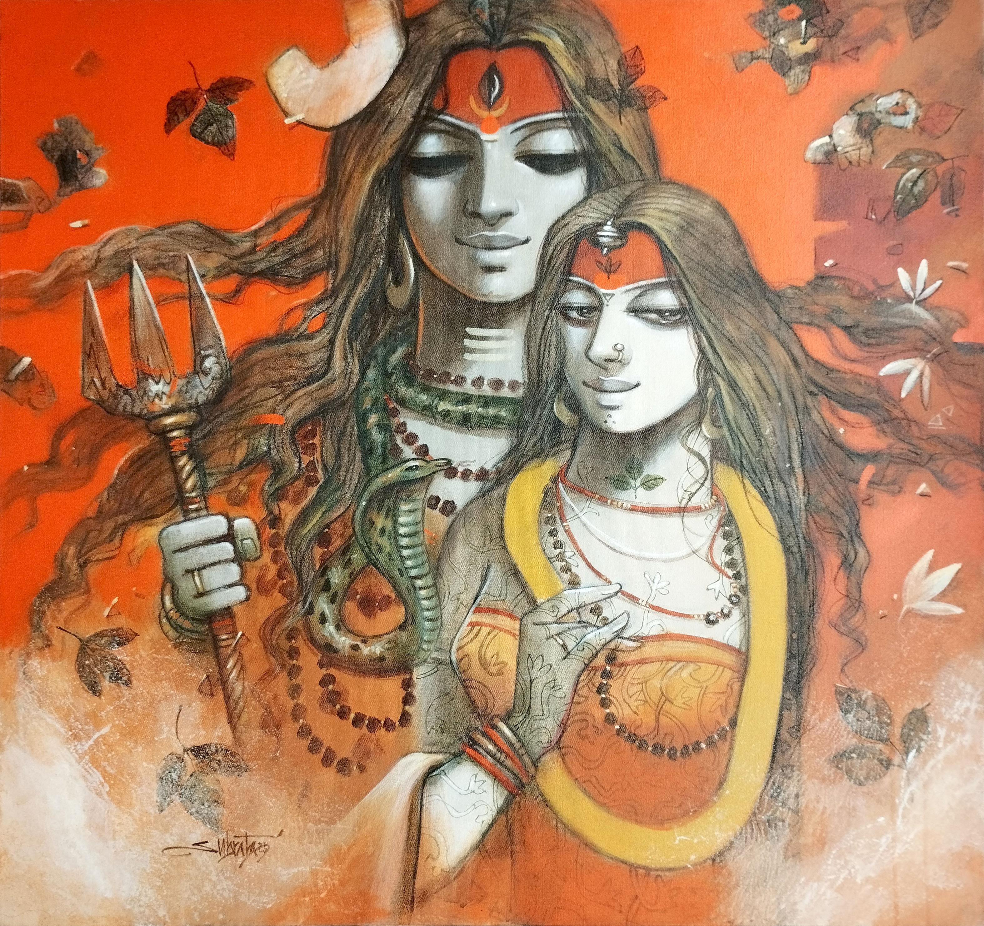 Shiva Parvati, acrylique sur toile par Contemporary, rouge, jaune, blanc, en stock