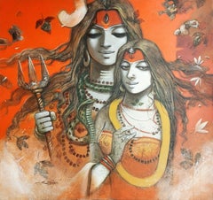 Shiva Parvati, Acryl auf Leinwand von Contemporary, Rot, Gelb, Weiß "Auf Lager"