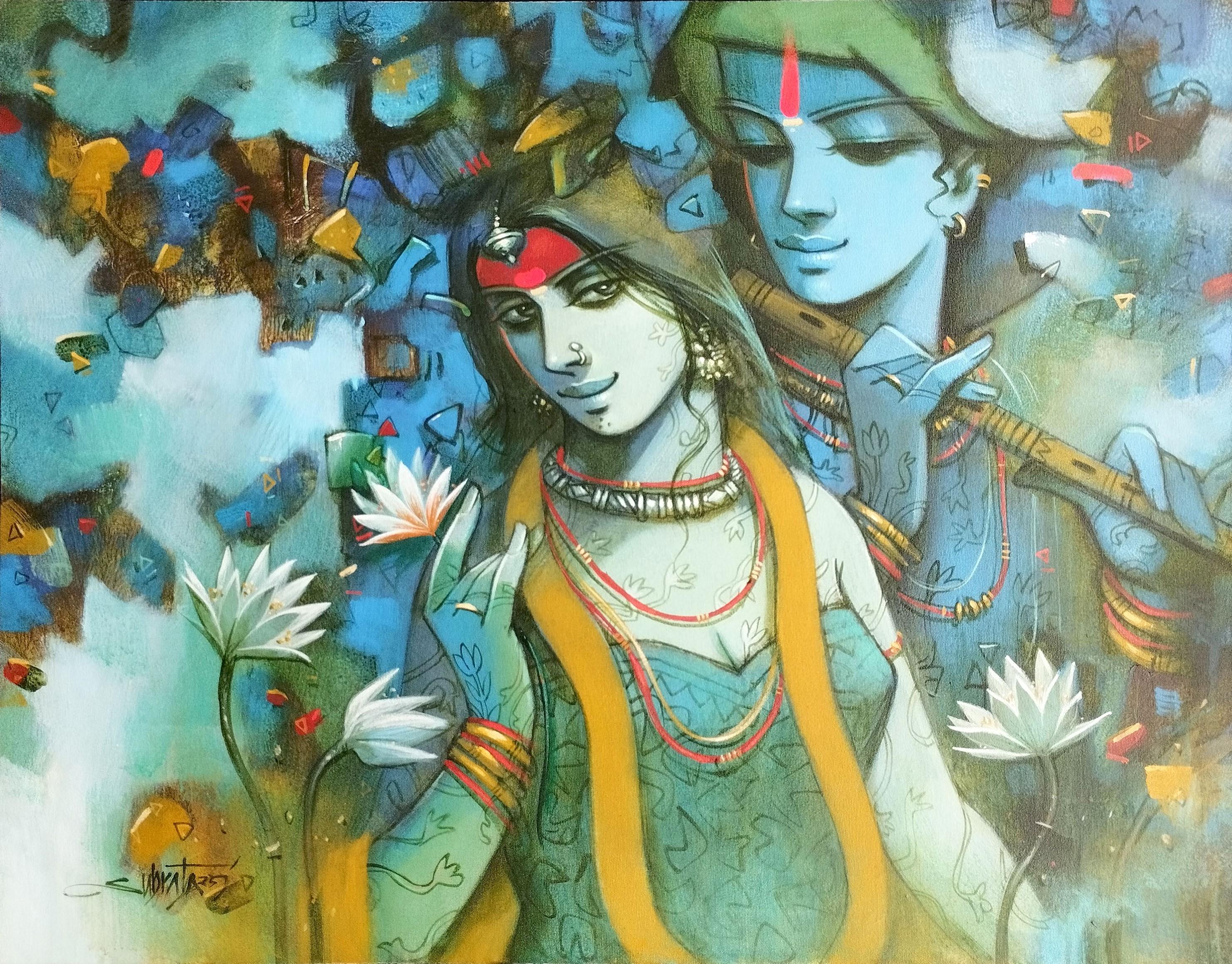 Subrata Das Figurative Painting - Tune of Love, Acrylic on Canvas by Contemporary, Red, Yellow, Blue "In Stock"