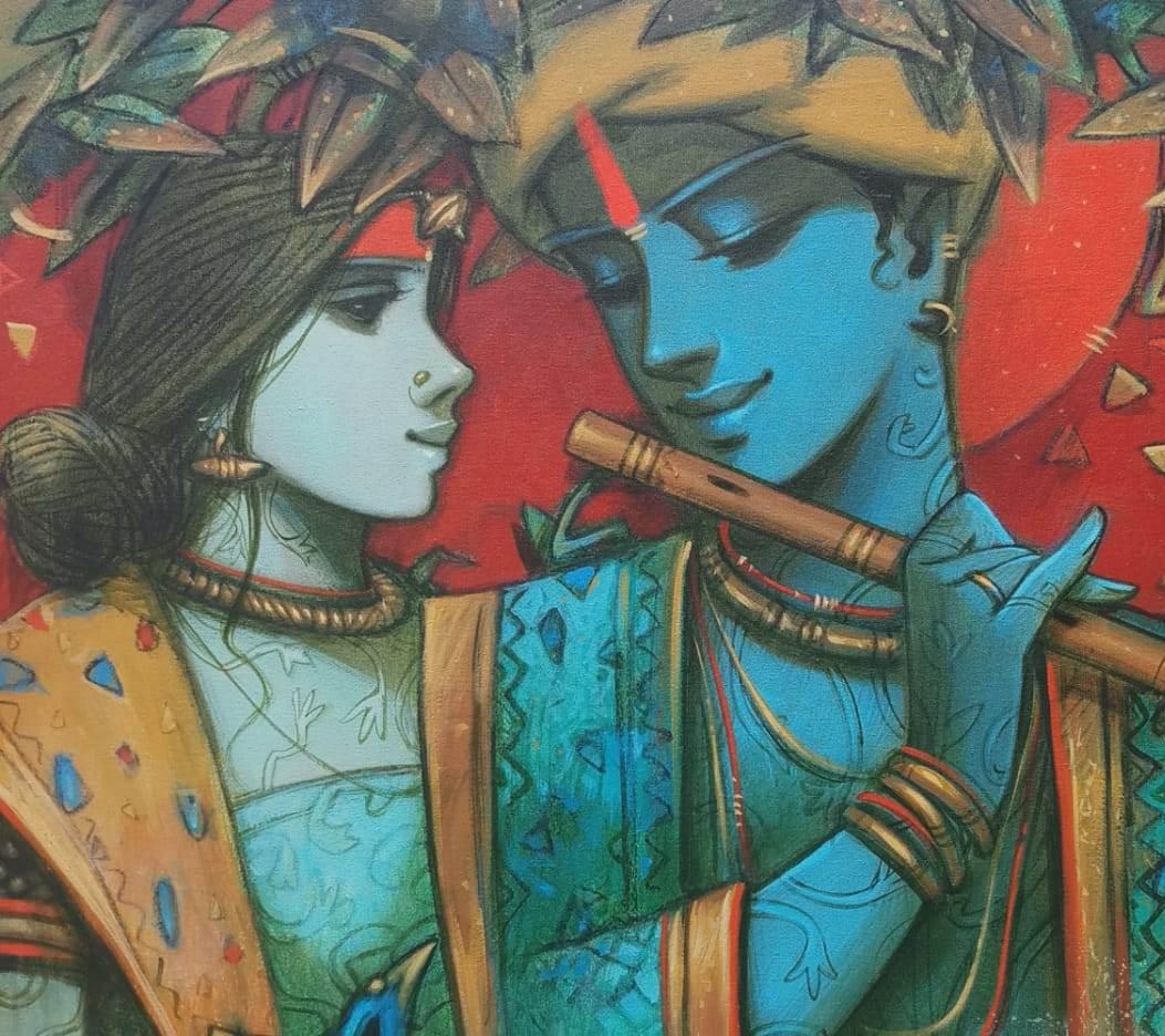 Tune of Love, Spiritual, Acrylic on Canvas, Green, Red, Indian Artist 
