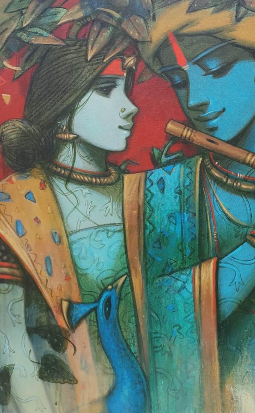 Sintonía de Amor, Espiritual, Acrílico sobre Lienzo, Verde, Rojo, Artista Indio 
