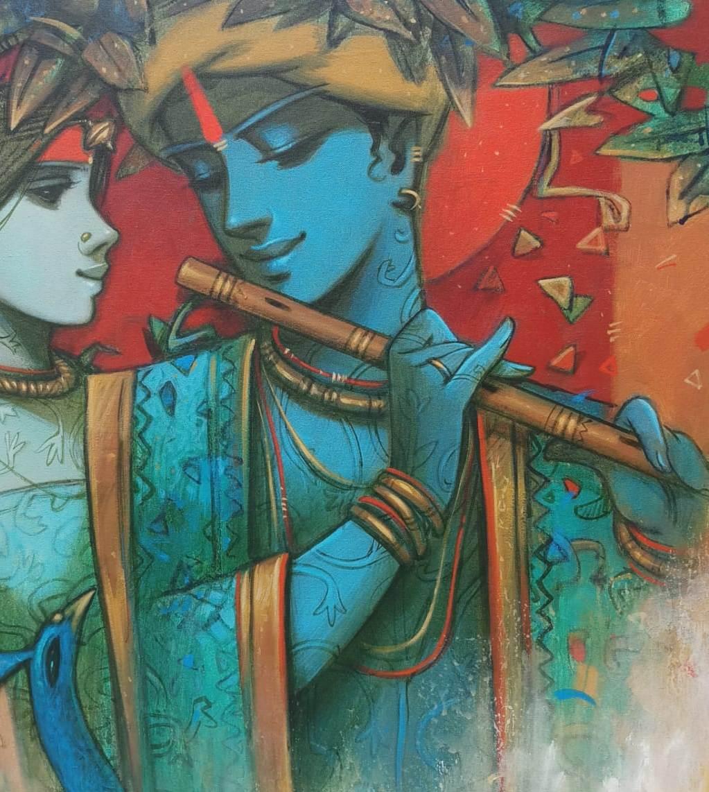 Sintonía de Amor, Espiritual, Acrílico sobre Lienzo, Verde, Rojo, Artista Indio 