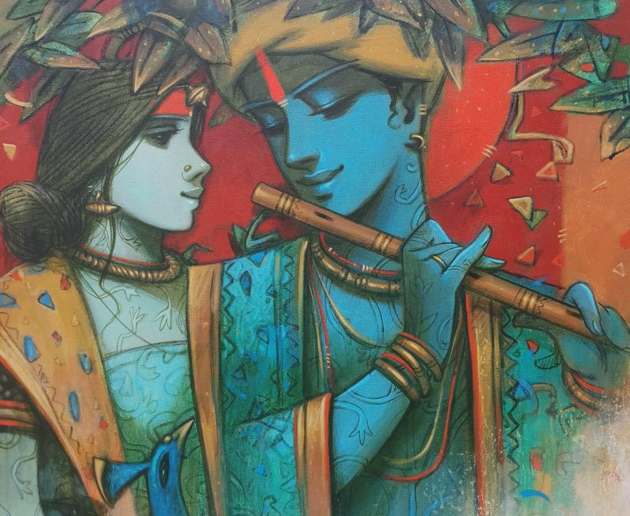 Subrata Das - Sintonía de amor - 30 x 30 pulgadas o 76,2 x 76,2 cm (tamaño sin enmarcar)
Acrílico sobre lienzo
Incluido el envío en rollos.

Estilo : Las obras de Subrata Das son una representación poética de formas mitológicas indias, hábilmente