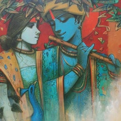 Tune of Love, spirituel, acrylique sur toile, vert, rouge, artiste indien « en stock »