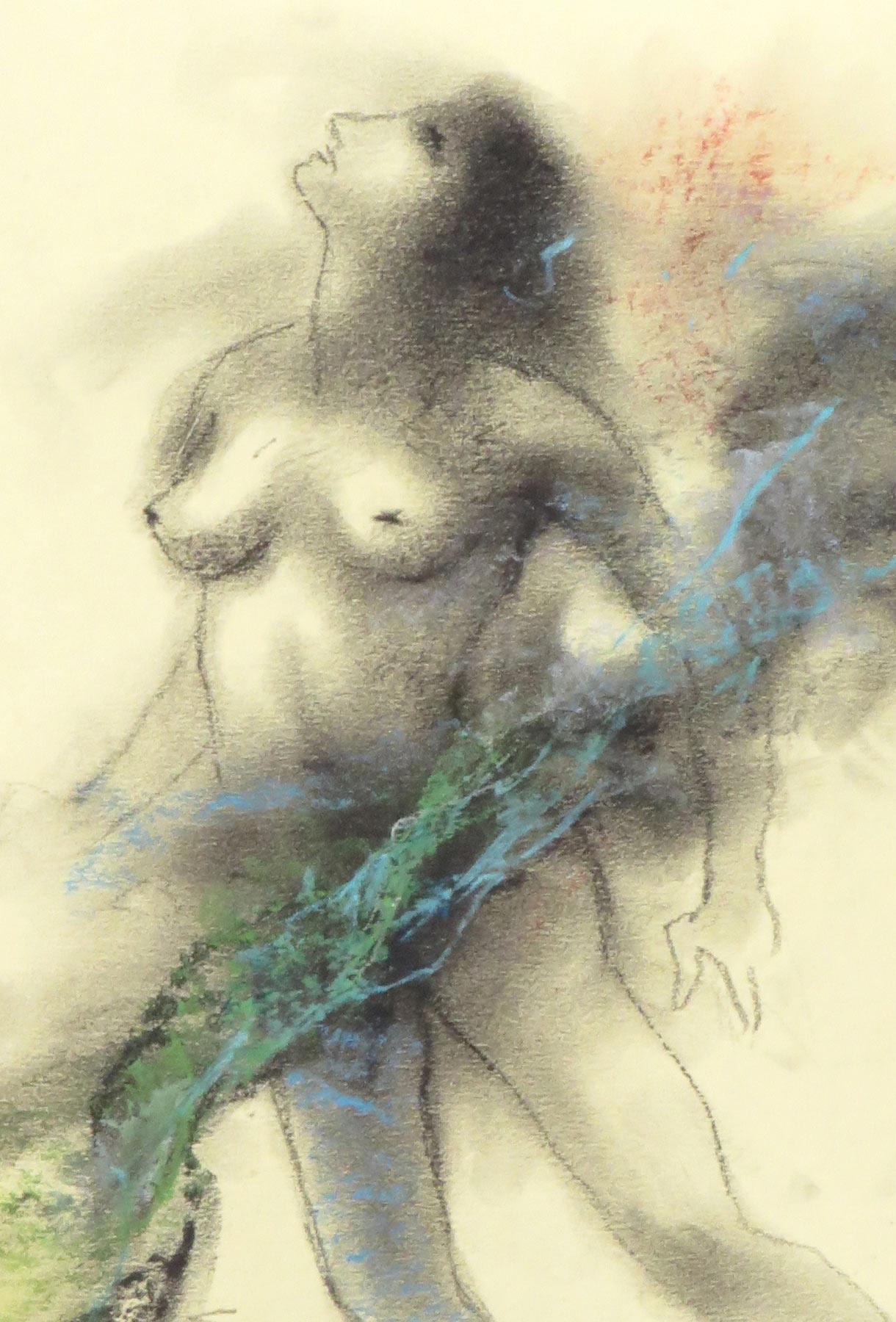 Nackter Akt, Zeichnung einer Frau, Holzkohle, Pastell, Blau, Rot, indische Künstlerin, „Auf Lager“ im Angebot 2