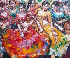 Dandia Raas, Acrylic on Canvas, Red, Yellow, Green by Indian Artist "In Stock"