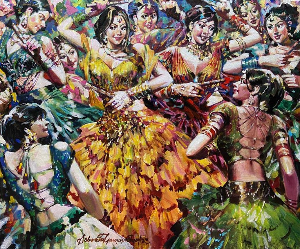 Subrata Gangopadhayay Portrait Painting - Dandia Raas, Acrylic on Canvas, Red, Yellow, Green by Indian Artist "In Stock"