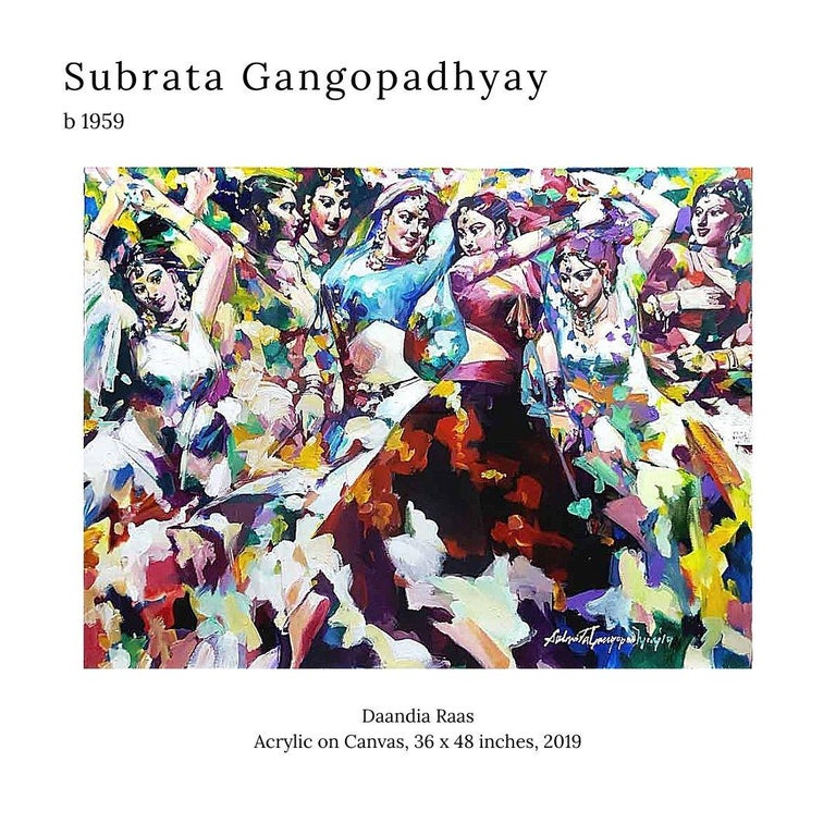 Subrata Gangopadhayay Figurative Painting - Dandia, Raas, Dancing Women, Acrylic on Canvas, Blue, Red, Green "In Stock"