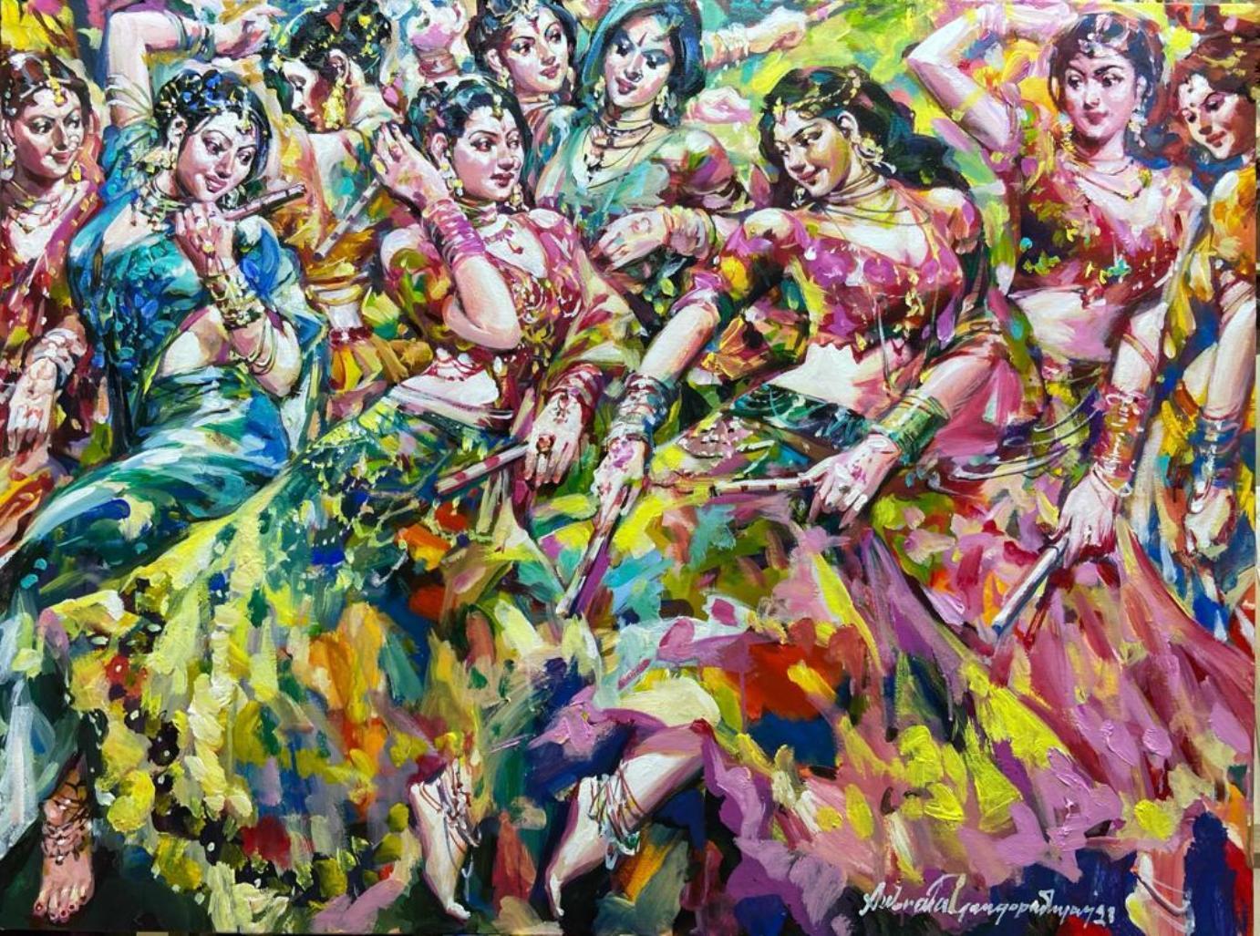 Subrata Gangopadhayay Figurative Painting - Dandia Raas, Festival, Acrylic on Canvas by Contemporary Artist "In Stock"