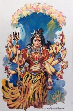 Durga, acrylique sur papier, rouge, jaune, vert, de l'artiste indien « en stock »