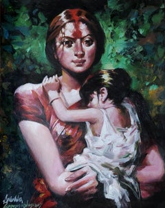 Mother & Child, Figurative, Acrylic Paper, Green, Red, Maroon, Black "In Stock"