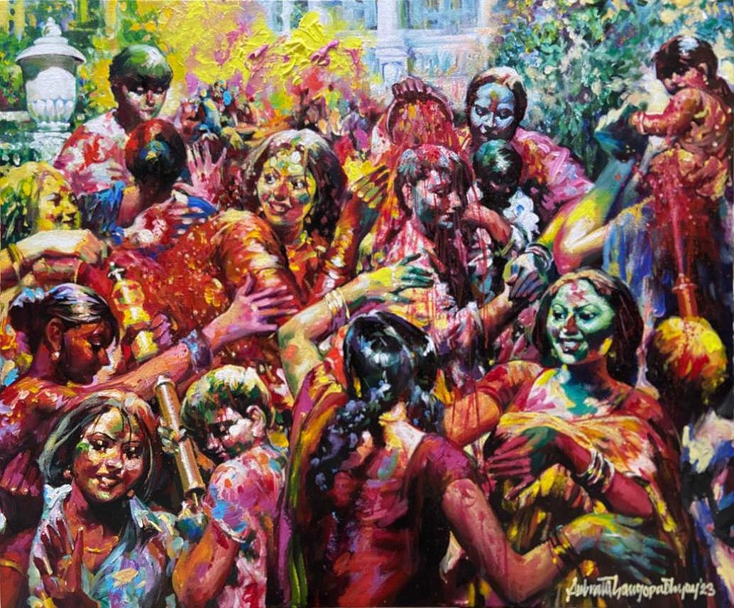 Subrata Gangopadhayay Figurative Painting - New Holi, Acrylic on Canvas, Red, Yellow, Green by Indian Artist "In Stock"
