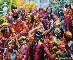 New Holi, Acrylic on Canvas, Red, Yellow, Green by Indian Artist "In Stock"
