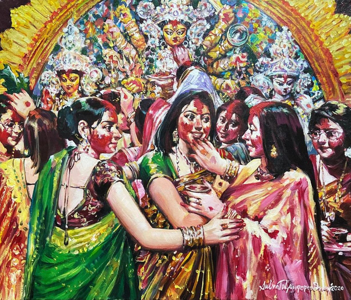 Sindur Khela, Festival, Acrylic on Canvas by Contemporary Artist "In Stock"