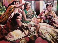 Sans titre, acrylique sur toile, rouge, jaune, vert de l'artiste indien « en stock »