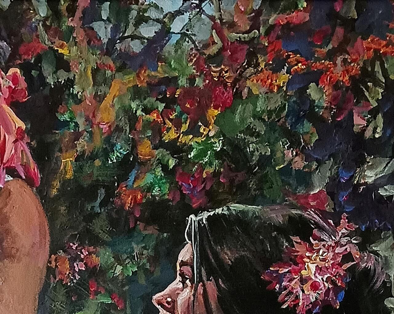 Subrata Gangopadhyay - Untitled
Acrylic on Canvas
29.5 x 29.5 inches, 2022
( Rolled & Delivered )

This vibrant painting beautifully captures a romantic, rustic moment between a flute-playing man and a woman in a yellow saree. Set against a lush,