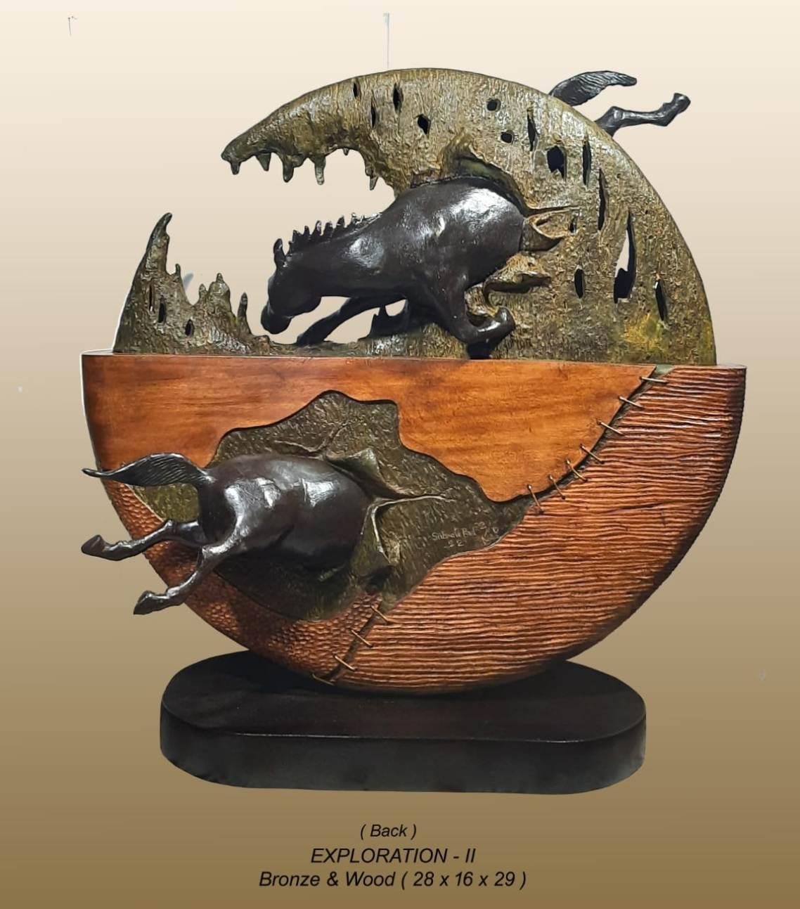 Exploration-II, Figurative Bronze & Wood by Contemporary Indian Artist-In Stock