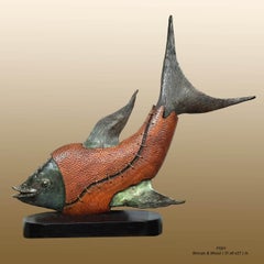 Fish, Figurative, Bronze & Wood by Contemporary Indian Artist "In Stock"