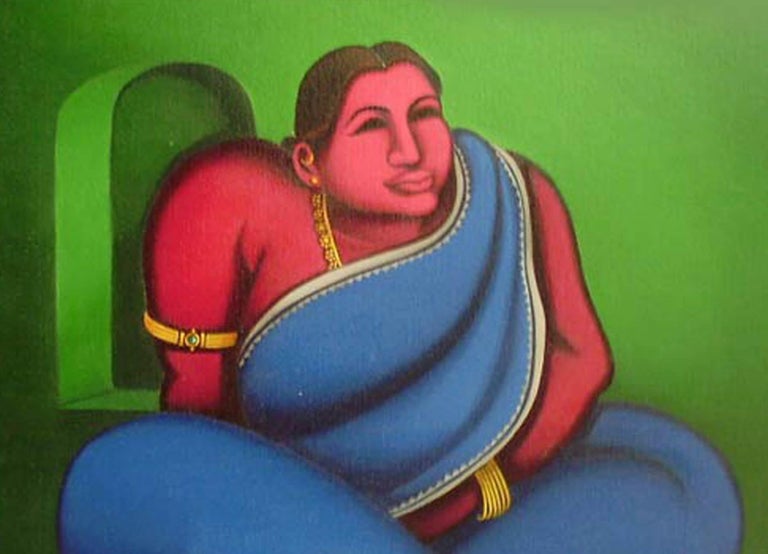 Subrata Saha Motia Women Painting Oil On Canvas Blue Green