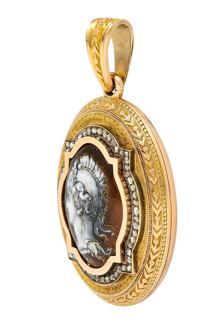 Women's or Men's Substantial 1870's Victorian Enamel Diamond 18 Karat Rose Gold Mourning Locket For Sale
