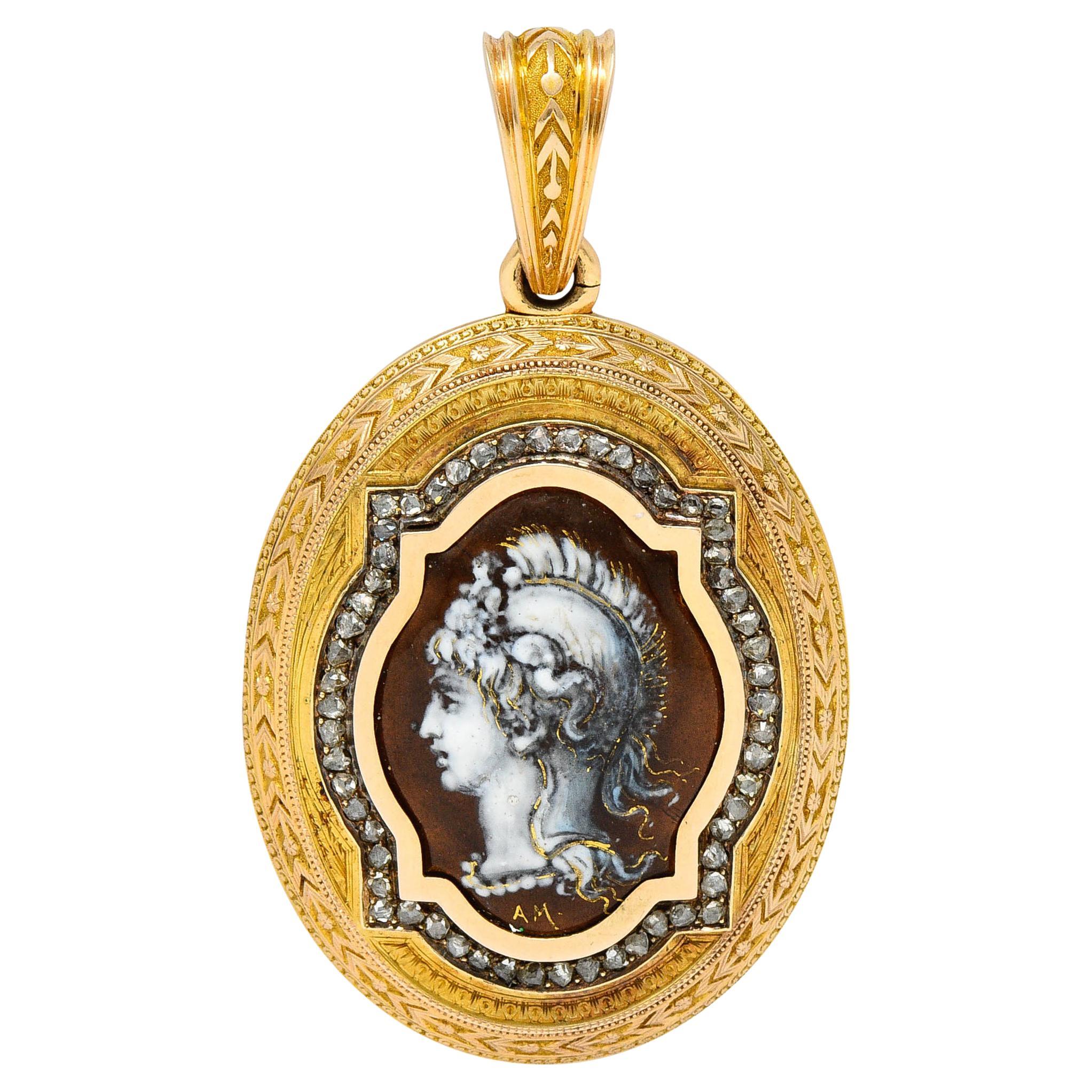 Substantial 1870's Victorian Enamel Diamond 18 Karat Rose Gold Mourning Locket