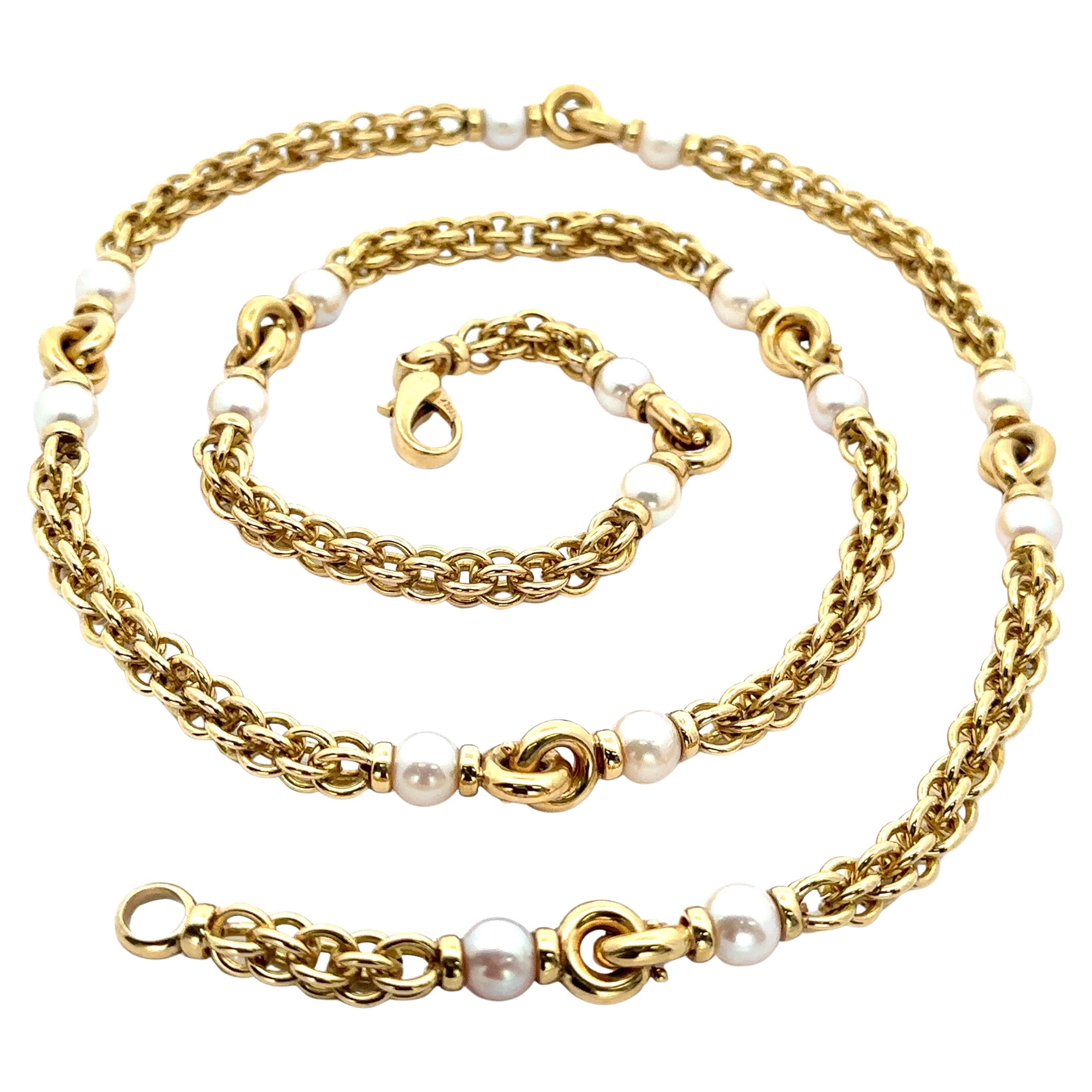 Substantial 18k Yellow Gold Pearl Station Long 37" Interlocking Link Necklace