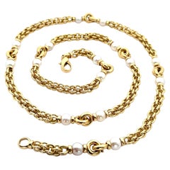 Substantial 18k Yellow Gold Pearl Station Long 37" Interlocking Link Necklace