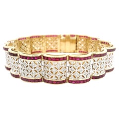 Substantial 18k Yellow & White Gold 9ctw Ruby and Diamond Open Work Bracelet